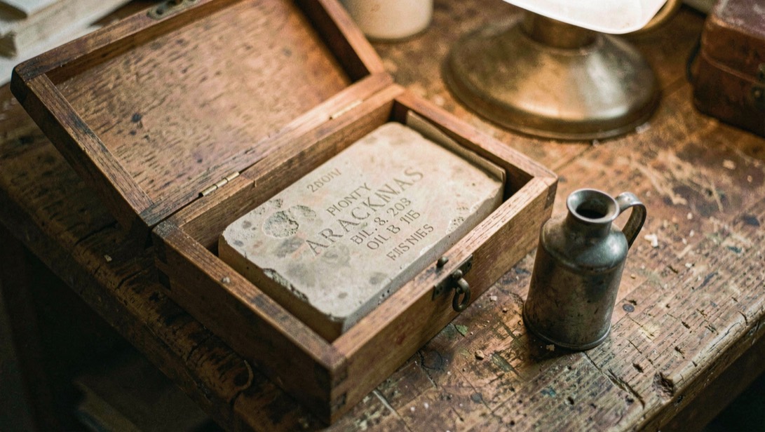 A pale Arkansas oilstone sitting in its lidded wooden box on a bench with a small oil can beside it, the surface of the stone marked with years of use, warm lamp light, close view from above.