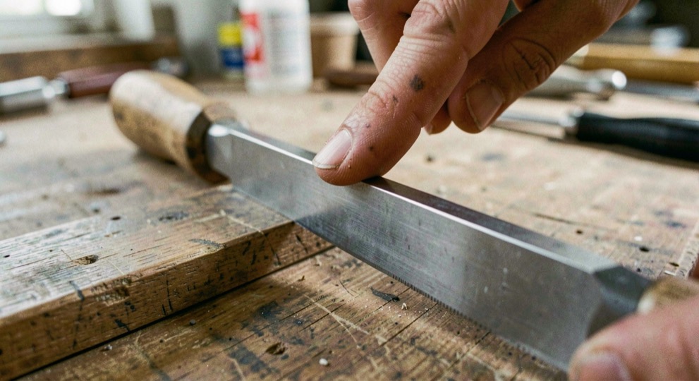 A fingertip drawn across the back of a chisel edge to feel for the wire burr, the steel catching the light, close view over a workbench.