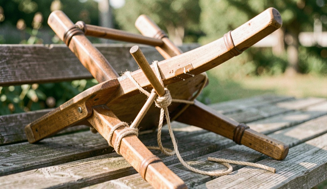 A reassembled wooden chair upside down on a bench with a loop of cord wound round its legs and twisted tight with a short stick, glue visible at one joint, warm afternoon light, three quarter view.