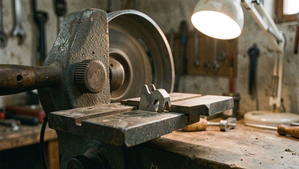 A small sliding bevel held against the flat of a bench grinder tool rest with the wheel just behind it, an adjusting knob in shot, dim workshop with light from a task lamp, close view.