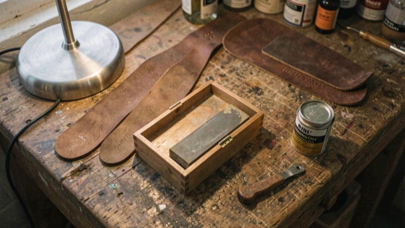 An oilstone in its wooden box next to a leather strop and a small can of honing oil on the corner of a bench, warm light from a desk lamp, close view from above.