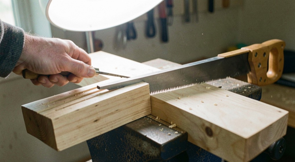 A flat mill file held in a slotted wooden block being run along the tooth line of a hand saw clamped between two plywood boards in a vice, bright task light from above, close view along the blade.