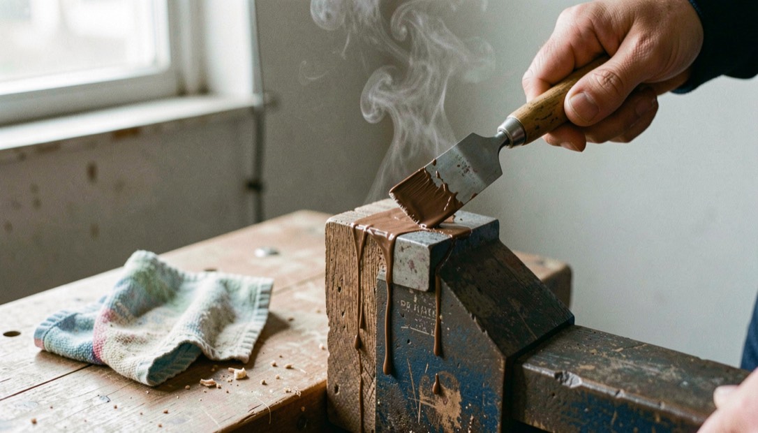 A square ended old chisel scraping brown softened glue from the cheek of a chair tenon held in a vice, a steaming rag lying on the bench beside it, daylight from a window, close view.