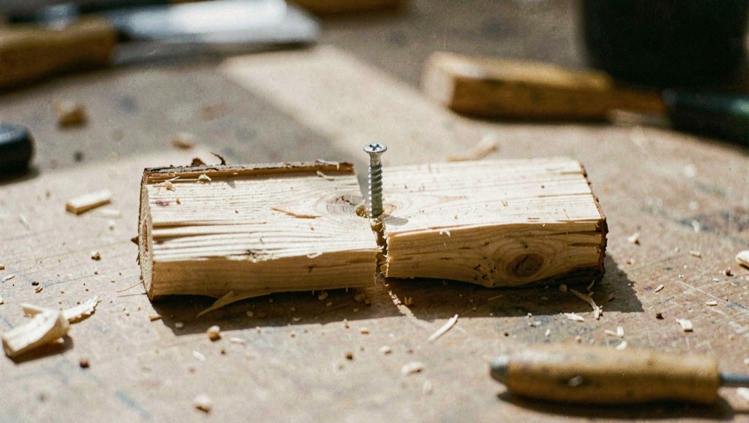 A short pine offcut split along its length with a screw still standing in the crack, the two halves opened slightly, on a bench top under hard light, close view.