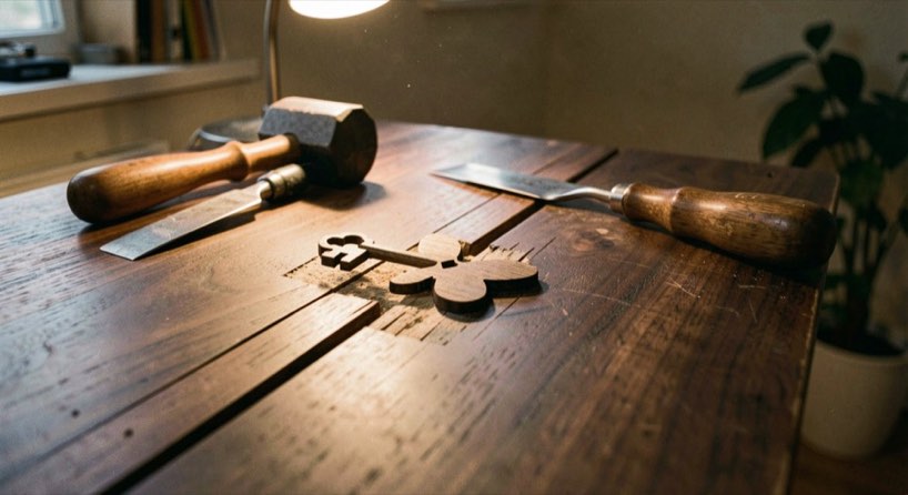 A dark walnut table top with a long split across the grain and a small wooden butterfly key set into it, a chisel and mallet beside the repair, warm lamp light, close view.